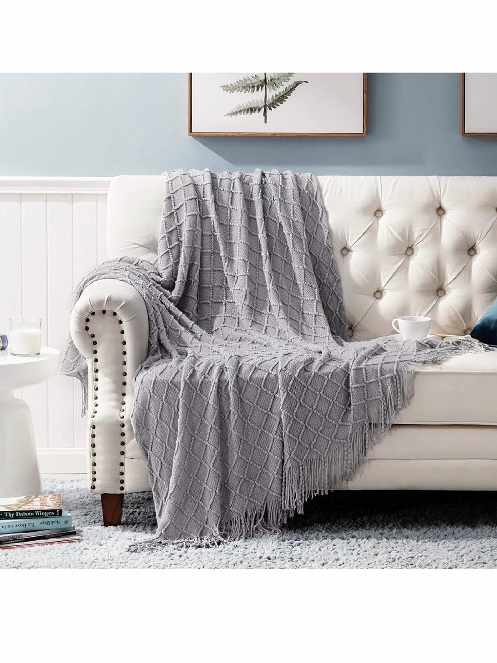Cozy Gray Woven Fringe Throw Blanket